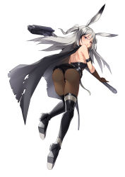 Rule 34 | 1girl, absurdres, animal ears, arknights, arm strap, armored leotard, black footwear, black leotard, boots, breasts, brown gloves, brown thighhighs, cape, elbow gloves, floating hair, from behind, full body, gdd (vkejr702), gloves, grey cape, grey eyes, hair between eyes, highres, leotard, long hair, looking at viewer, looking back, medium breasts, pantyhose, savage (arknights), shoulder blades, sideboob, silver hair, simple background, solo, thigh boots, thighhighs, torn cape, torn clothes, twintails, very long hair, white background