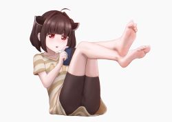 Rule 34 | 1girl, barefoot, blush, brown hair, feet, handheld game console, highres, long hair, parted lips, red eyes, soles, toes, touhoku kiritan, twintails, voiceroid, white background, yukkuribito