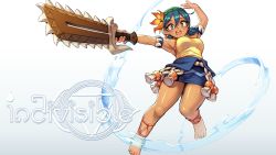Rule 34 | + +, 1girl, armlet, armpits, artist request, barefoot, blue eyes, blue hair, blue sky, breasts, chainsword, commentary, copyright name, dark-skinned female, dark skin, element bending, english commentary, flower, full body, hair flower, hair ornament, highres, holding, holding sword, holding weapon, hydrokinesis, indivisible, leilani, medium breasts, open mouth, promotional art, short twintails, skirt, sky, smile, solo, sword, thighs, toes, twintails, water, weapon