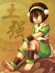 Rule 34 | 00s, 1girl, 2008, ankle cuffs, ankle wrap, avatar: the last airbender, avatar legends, barefoot, black hair, chinese clothes, cuffs, dirty, dirty feet, feet, hair bun, nickelodeon, rock, single hair bun, sitting, smile, soles, solo, toph bei fong, white eyes, wrist wrap