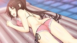 Rule 34 | 1girl, bikini, blush, breasts, brown eyes, brown hair, butt crack, covered erect nipples, cura, flat (company), game cg, highres, himemiya (monobeno), inflatable raft, large breasts, long hair, looking back, lying, monobeno, nipples, non-web source, on stomach, open mouth, panties, pink bikini, ponytail, pussy, see-through, side-tie bikini bottom, solo, swimsuit, uncensored, underwear, wet, wet clothes, wet panties