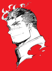 Rule 34 | 1boy, bara, black hair, cropped shoulders, facial hair, forked eyebrows, goatee, highres, looking at viewer, male focus, mature male, military, military uniform, naop (anything), red background, scar, scar on face, scar on nose, short hair, sideburns, smile, solo, tokyo houkago summoners, undercut, uniform, yoritomo (housamo)