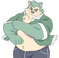 1boy animal_ears belly black_pants commentary_request dog_boy dog_ears dog_nose fat fat_man furry furry_male green_fur green_jacket highres jacket live_a_hero looking_at_viewer male_focus mokdai_(live_a_hero) odmk_(jinnta4014) pants rolling_sleeves_up smile thick_eyebrows unzipped white_background