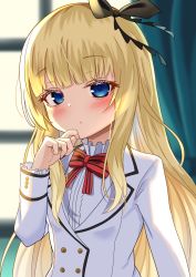 Rule 34 | 1girl, black ribbon, blazer, blonde hair, blue eyes, blurry, blurry background, blush, bow, closed mouth, colored eyelashes, commentary request, curtains, depth of field, hair ribbon, hand up, highres, indoors, jacket, juliet persia, kishuku gakkou no juliet, long hair, long sleeves, red bow, ribbon, shirt, solo, striped, striped bow, templus, upper body, very long hair, white jacket, white shirt, window
