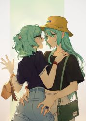 Rule 34 | 2girls, alternate hairstyle, aqua hair, bag, bang dream!, belt, bespectacled, black-framed eyewear, black shirt, brown pants, bucket hat, closed mouth, cowboy shot, crop top, eye contact, face-to-face, glasses, gradient background, green background, green eyes, grey background, grey shorts, hair between eyes, half updo, hand on another&#039;s shoulder, handbag, hands on ass, hands up, hat, high-waist shorts, highres, hikawa hina, hikawa sayo, incest, jewelry, long hair, looking at another, midriff, multiple girls, navel, open mouth, pants, profile, purple shirt, rekari (rekari628), ring, shirt, short hair, short sleeves, shorts, shoulder bag, siblings, sisters, smile, standing, tassel, twincest, twins, very long hair, watch, wristwatch, yellow headwear, yuri