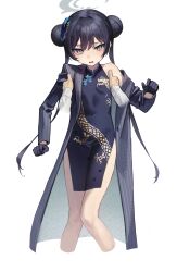 Rule 34 | 1girl, 1other, absurdres, black dress, black gloves, black hair, blue archive, blush, breasts, butterfly hair ornament, china dress, chinese clothes, coat, double bun, dragon, dragon print, dress, eastern dragon, gloves, grey eyes, hair bun, hair ornament, halo, highres, jacket, kisaki (blue archive), knees together feet apart, lifting another&#039;s clothes, lifting person, long hair, looking at viewer, off shoulder, side slit, simple background, single bare shoulder, sleeveless, small breasts, twintails, yoon cook