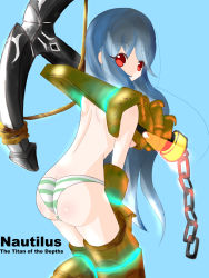 Rule 34 | 1girl, anchor, armor, ass, back, bad id, bad pixiv id, blue background, blue hair, chain, character name, english text, from behind, gender request, genderswap, glowing, highres, league of legends, leg armor, light, long hair, mahoy, nautilus (league of legends), panties, red eyes, rope, shoulder blades, solo, striped clothes, striped panties, underwear, very long hair, weapon