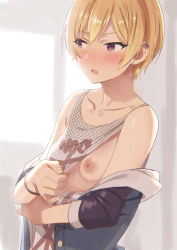 Rule 34 | 1girl, absurdres, aumann, backlighting, bare shoulders, blonde hair, blush, breasts, collarbone, ear piercing, flashing, highres, idolmaster, idolmaster shiny colors, looking away, nipples, no bra, off shoulder, one breast out, open mouth, oppai challenge, piercing, red eyes, saijo juri, short hair, small breasts, solo, sweat, unmoving pattern