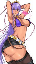Rule 34 | 1girl, absurdres, armpits, arms behind head, arms up, ass, bare shoulders, bb (fate), bb (fate) (all), bb (swimsuit mooncancer) (fate), bb (swimsuit mooncancer) (second ascension) (fate), belt, bikini, black shorts, black thighhighs, blush, bouhatei (t-back), bracelet, breasts, cleavage, collarbone, dark-skinned female, dark skin, fate/grand order, fate (series), hair ornament, hair ribbon, hairband, highres, jewelry, large breasts, licking lips, long hair, looking at viewer, loose belt, micro shorts, navel, neck ribbon, purple bikini, purple eyes, purple hair, ribbon, shorts, smile, solo, star (symbol), star hair ornament, swimsuit, tan, thighhighs, thighs, tongue, tongue out, very long hair, white belt