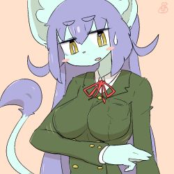Rule 34 | 1girl, cat, female focus, furry, furry female, open mouth, purple hair, simple background, solo, the amboina, yellow eyes