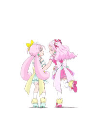 Rule 34 | 2girls, alternate color, back bow, bow, cosplay, cure yell, cure yell (cosplay), double bun, earrings, facing another, flower, from behind, full body, green footwear, green skirt, hair bow, hair bun, hair flower, hair ornament, hair ribbon, hugtto! precure, itommy, jewelry, legs apart, long hair, looking at another, low twintails, magical girl, multiple girls, nono hana, nono kotori, pink bow, pink footwear, pink hair, pink skirt, pleated skirt, precure, puffy sleeves, red ribbon, ribbon, see-through, see-through sleeves, shoes, siblings, simple background, sisters, skirt, socks, standing, standing on one leg, thighhighs, twintails, unofficial precure costume, white background, white socks, white thighhighs, yellow bow