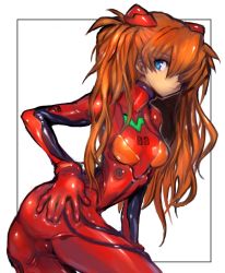 Rule 34 | 1girl, ass, ass grab, blue eyes, bodysuit, breasts, closed mouth, dakusuta, gloves, grabbing own ass, hair ornament, highres, long hair, looking at viewer, neon genesis evangelion, orange hair, plugsuit, red bodysuit, shiny clothes, simple background, small breasts, solo, souryuu asuka langley, twintails, white background, wide hips