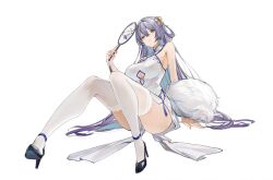 Rule 34 | 1girl, absurdres, arm support, armpit crease, ass, azur lane, bare shoulders, black footwear, china dress, chinese clothes, clothing cutout, commentary request, dress, flantia, frilled thighhighs, frills, full body, hair rings, hand fan, high heels, highres, holding, holding fan, knees together feet apart, knees up, long hair, looking at viewer, official alternate costume, open mouth, paper fan, print paper fan, purple eyes, purple hair, rodney (azur lane), rodney (immaculate beauty) (azur lane), simple background, sitting, sleeveless, sleeveless dress, smile, solo, thighhighs, thighs, underboob cutout, very long hair, white background, white dress, white thighhighs