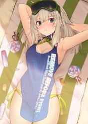 Rule 34 | 1girl, aa-12 (girls&#039; frontline), aa-12 (the sun never rises) (girls&#039; frontline), armpits, arms up, bare shoulders, beach towel, bikini, blue eyes, blush, breasts, candy, cleavage, closed mouth, collarbone, commentary, cowboy shot, day, english text, food, girls&#039; frontline, gluteal fold, goggles, goggles on head, grey hair, highres, jun project, lollipop, long hair, looking at viewer, lying, navel, on back, outdoors, sand, see-through, side-tie bikini bottom, small breasts, solo, swimsuit, swirl lollipop, towel, white bikini