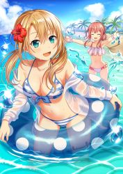 Rule 34 | 2girls, :d, aqua eyes, beach, bikini, blonde hair, blue sky, breasts, cleavage, closed eyes, clothes down, cloud, collarbone, day, flat chest, flower, frilled bikini, frills, hair between eyes, hair flower, hair ornament, hibiscus, highres, innertube, jacket, long hair, medium breasts, multiple girls, navel, ocean, open clothes, open jacket, open mouth, original, outdoors, outstretched arms, palm tree, pink hair, polka dot, red flower, scrunchie, sidelocks, sky, smile, sparkle, standing, striped bikini, striped clothes, swim ring, swimsuit, transparent, tree, twintails, wading, water, wet jacket, white bikini, white jacket, white polka dots, white scrunchie, wrist scrunchie, yuusa