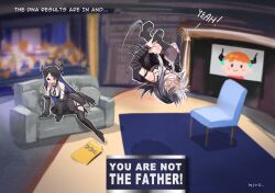 Rule 34 | 1other, 2girls, :d, = =, artist name, asymmetrical horns, backflip, black footwear, black hair, blue hair, blush, blush stickers, boots, c:, chair, choker, colored inner hair, commentary, couch, crying, demon horns, english commentary, english text, envelope, full body, highres, hololive, hololive english, horn flower, horns, indoors, kivo, lace, lace choker, long hair, multicolored hair, multiple girls, nerissa ravencroft, nerissa ravencroft (1st costume), open mouth, orange hair, shiori novella, shiori novella (1st costume), sitting, smile, split-color hair, striped arm warmers, the maury show, two-tone hair, uneven horns, virtual youtuber, yellow eyes