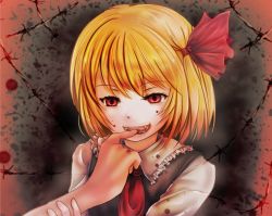Rule 34 | 1girl, barbed wire, biting, blonde hair, blood, blood on clothes, blood on face, blood splatter, blurry, fangs, finger biting, finger to mouth, hair ribbon, open mouth, pov, red eyes, ribbon, rumia, short hair, smile, solo focus, teeth, touhou, tsukiori sasa