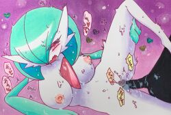 Rule 34 | 1boy, 1girl, absurdres, blush, bob cut, breasts, censored, colored skin, creatures (company), game freak, gardevoir, gen 3 pokemon, green hair, green skin, hair over one eye, half-closed eyes, heart, heart censor, hetero, highres, interspecies, japanese text, large breasts, leg up, moaning, multicolored skin, nintendo, nipples, one eye covered, open mouth, pokemon, pokemon (creature), purple background, pussy juice, red eyes, sex, shiratsuki (royal moon), short hair, solo focus, speech bubble, spoken heart, spread legs, sweat, thighs, traditional media, translation request, trembling, two-tone skin, vaginal, wavy mouth, white skin