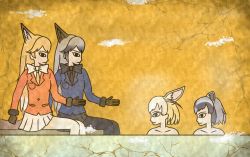 Rule 34 | 10s, 4girls, animal ears, black gloves, black pantyhose, blonde hair, bow, bowtie, commentary request, common raccoon (kemono friends), crack, egyptian art, ezo red fox (kemono friends), fennec (kemono friends), fox ears, from side, fur-trimmed sleeves, fur trim, gloves, grey hair, kemono friends, kita (7kita), long hair, long sleeves, multicolored hair, multiple girls, necktie, outstretched hand, pantyhose, raccoon ears, short hair, silver fox (kemono friends), skirt