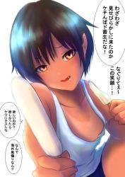Rule 34 | 1girl, blush, breasts, brown eyes, brown hair, collarbone, fang, female focus, food, highres, holding food, holding ice cream, ice cream, japanese text, lips, looking at viewer, open mouth, original, popsicle, short hair, small breasts, solo, speech bubble, tan, tank top, tanline, tomboy, uriens, white background