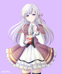 Rule 34 | 1girl, absurdres, artist name, assault lily, asymmetrical legwear, black thighhighs, blunt bangs, bow, braid, brown capelet, brown jacket, brown thighhighs, capelet, collared dress, commentary, cowboy shot, cup, disposable cup, dress, drink, drinking straw, fingernails, frilled dress, frilled sleeves, frills, grey hair, grey necktie, grin, hair bow, hands up, heart, highres, holding, holding cup, ikumi takumi, jacket, kon kanaho, layered dress, long hair, long sleeves, looking at viewer, mismatched legwear, necktie, official alternate costume, open clothes, open jacket, parted lips, purple background, purple bow, short dress, short necktie, side braid, sidelocks, simple background, single braid, smile, solo, standing, thighhighs, white dress, yellow eyes