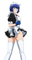 Rule 34 | 00s, 1girl, blue hair, breasts, female focus, ikkitousen, maid, ryomou shimei, short hair, simple background, solo, standing, white background