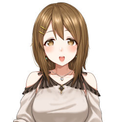 Rule 34 | 1girl, aged up, bare shoulders, blush, brown eyes, brown hair, collarbone, earrings, hair ornament, hairclip, heart, heart (symbol), heart necklace, highres, hirasawa yui, jewelry, k-on!, medium hair, necklace, open mouth, simple background, solo, teeth, upper body, white background, yakimi 27