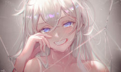 Rule 34 | 1girl, blue eyes, commentary request, crack, crossed bangs, crying, crying with eyes open, hair between eyes, highres, honkai (series), honkai impact 3rd, kiana kaslana, long hair, looking at viewer, portrait, revision, sidelocks, silver hair, simple background, smile, solo, tearing up, tears, xude