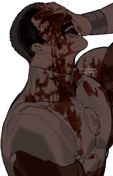 Rule 34 | 1boy, black hair, blood, blood on clothes, blood on face, blood on hands, bodysuit, closed eyes, crystallakec, facial hair, highres, invincible (series), large pectorals, male focus, mature male, muscular, muscular male, mustache, nolan grayson, omni-man, open mouth, pectorals, red bodysuit, short hair, smile, solo, twitter username, two-tone bodysuit, white bodysuit