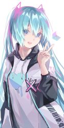 Rule 34 | 1girl, :d, azarasi haru, bad id, bad pixiv id, blue eyes, blue hair, hair between eyes, hair ornament, hatsune miku, heart, heart print, highres, jacket, long hair, long sleeves, open clothes, open jacket, open mouth, print sweater, simple background, smile, solo, standing, sweater, v, very long hair, vocaloid, white background, white sweater