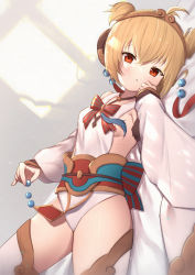 Rule 34 | 1girl, :o, andira (granblue fantasy), animal ears, bed sheet, blonde hair, blush, breasts, commentary, detached sleeves, dutch angle, granblue fantasy, hair between eyes, highres, leotard, long sleeves, looking at viewer, lying, monkey ears, on back, parted lips, red eyes, sleeves past wrists, small breasts, solo, symbol-only commentary, thighhighs, two side up, uneg, white leotard, white sleeves, white thighhighs, wide sleeves