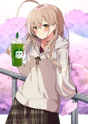 Rule 34 | 1girl, ahoge, animal hood, berry, blush, brown eyes, brown hair, brown hoodie, brown skirt, cherry blossoms, crossed bangs, cup, disposable cup, drawstring, drink, drinking straw, earrings, fence, food-themed earrings, highres, holocouncil, hololive, hololive english, hood, hood down, hoodie, jewelry, long hair, long sleeves, looking at viewer, matcha (food), multicolored hair, namikawa kuroha, nanashi mumei, nanashi mumei (casual), official alternate costume, oversized clothes, pink background, pleated skirt, skirt, smile, solo, streaked hair, sweater, virtual youtuber, white sweater