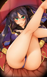 Rule 34 | 1girl, aqua eyes, ass, bababababan, bad id, bad pixiv id, bare legs, barefoot, black gloves, blush, breasts, genshin impact, gloves, hat, highres, long hair, looking at viewer, lying, mona (genshin impact), on back, partially visible vulva, solo, twintails, witch hat