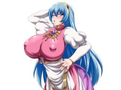 Rule 34 | 1girl, :o, arm behind head, ass, blue hair, blush, breasts, covered erect nipples, dress, estpolis denki, female focus, gem, hairband, hand on own hip, highres, huge ass, huge breasts, jewelry, long blue hair, long hair, looking at viewer, lufia, naughty face, necklace, nightmare-doom, no background, one eye closed, open mouth, pendant, puffy sleeves, purple eyes, sash, skirt, solo, standing, tia (estpolis denki), transparent background, very long hair, wink
