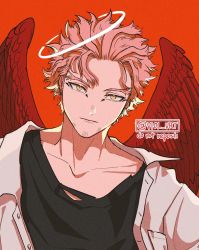 Rule 34 | 1boy, black shirt, blonde hair, blouse, boku no hero academia, close-up, closed mouth, collarbone, collared shirt, eyebrows, facial hair, facing viewer, feathered wings, feathers, forked eyebrows, halo, hawks (boku no hero academia), highres, looking at viewer, male focus, markings, open clothes, open shirt, red feathers, shirt, simple background, solo, thick eyebrows, twitter username, unbuttoned, unbuttoned shirt, viol vrt, wings