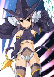 Rule 34 | 1girl, bad source, black cape, black gloves, black hat, breasts, brown eyes, cape, closed mouth, collarbone, covered collarbone, covered navel, elbow gloves, expressionless, gloves, haruhisky, hat, highres, holding, holding wand, nagato yuki, navel, purple hair, short hair, small breasts, solo, standing, suzumiya haruhi no yuuutsu, underboob, wand, witch hat