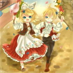 Rule 34 | 1boy, 1girl, alternate costume, apron, blonde hair, blue eyes, blush, boots, bow, cherry, collar, ethnic clothing, european clothes, fang, flower, flower ornament, food, fruit, garland (decoration), glaring, grin, hair bow, hair flower, hair ornament, hairclip, hetero, highres, holding hands, kagamine len, kagamine rin, koumi (rl0318), one eye closed, open mouth, pants, petals, running, shirt, shoes, skirt, smile, socks, traditional clothing, underskirt, vest, vocaloid, watch, white legwear, white shirt, wink, wreath