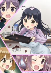 Rule 34 | 4girls, ahoge, akebono (kancolle), alternate costume, animal, animal on head, apron, black hair, bowl, brown eyes, chocolate, commentary request, highres, kantai collection, kujira naoto, long hair, multiple girls, oboro (kancolle), on head, open mouth, purple sweater, rabbit, rabbit on head, sazanami (kancolle), solo focus, spill, sweater, tray, tripping, upper body, ushio (kancolle), white apron