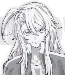 Rule 34 | :3, ahoge, anno un, character request, check gender, collarbone, cropped, greyscale, hair between eyes, jacket, long hair, male focus, monochrome, open clothes, open jacket, signature, smile, solo, undead unluck, upper body, waterstaring, zipper