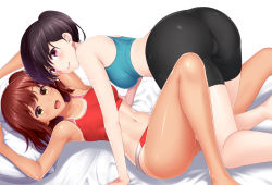 Rule 34 | 2girls, :d, all fours, aqua tank top, armpits, arms up, ass, bare arms, bare legs, bare shoulders, bed sheet, bike shorts, black hair, black shorts, blouse, blue shirt, blush, breasts, brown hair, buruma, cameltoe, collarbone, couple, female focus, from side, girl on top, happy, huyumitsu, legs, looking at viewer, looking back, lying, medium breasts, midriff, multiple girls, navel, neck, on back, on bed, one-piece tan, open mouth, original, pillow, pink eyes, ponytail, red buruma, red tank top, shiny skin, shirt, short hair, short shorts, shorts, side ponytail, simple background, smile, stomach, tan, tank top, tanline, white background, yellow eyes, yuri