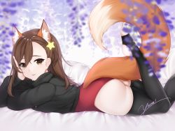 Rule 34 | 1girl, :p, absurdres, animal ear fluff, animal ears, annytf, ass, black shirt, black thighhighs, brown eyes, brown hair, extra ears, fox ears, fox girl, fox tail, from side, hair ornament, hand on own cheek, hand on own face, highres, indie virtual youtuber, leg up, legs, leotard, leotard under clothes, long hair, long tail, looking at viewer, lying, no pants, on stomach, red leotard, shirt, smile, solo, star (symbol), star hair ornament, tail, thighhighs, thighs, toeless legwear, tongue, tongue out, virtual youtuber, yaomeii