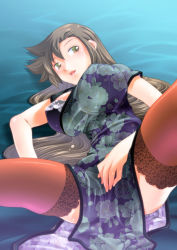 Rule 34 | 1girl, bra, breasts, brown hair, china dress, chinese clothes, covering privates, covering crotch, dress, flower, huge breasts, large breasts, lingerie, long hair, lying, mizuki hitoshi, on back, open clothes, open mouth, original, solo, spread legs, thighhighs, underwear