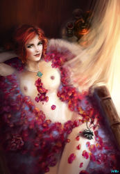 Rule 34 | 1girl, bath, braid, breasts, flower, green eyes, hair bun, jewelry, lips, medium breasts, necklace, no bra, nose, nude, red hair, side braid, single hair bun, solo, the witcher (series), the witcher 3, triss merigold, watermark
