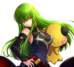 Rule 34 | 1girl, bad id, bad pixiv id, bare shoulders, bouquetforangel, breasts, c.c., chinese clothes, code geass, commentary request, covered navel, detached sleeves, green eyes, green hair, halterneck, hand on own hip, head tilt, highres, long hair, looking at viewer, medium breasts, smile, solo, standing, sunlight