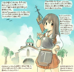 Rule 34 | 10s, 1girl, akagi (kancolle), bird, brown hair, cloud, colored pencil (medium), dated, day, drink, japanese clothes, kantai collection, kirisawa juuzou, long hair, looking at viewer, muneate, numbered, personification, pleated skirt, ramune, seagull, skirt, sky, soda, solo, traditional media, translation request, twitter username