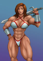 Rule 34 | 1girl, abs, absurdres, armor, bikini, bikini armor, bracer, breasts, brown eyes, cleavage, golden axe, highres, holding, holding weapon, large breasts, long hair, looking at viewer, muscular, muscular female, sega, solo, swimsuit, sword, testground, thick thighs, thighs, tyris flare, weapon, weapon on back