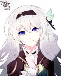 Rule 34 | 1girl, absurdres, black hairband, black jacket, black ribbon, blue eyes, blue pupils, bow, character name, closed mouth, collared shirt, dated, electronduck, firefly (honkai: star rail), green bow, grey hair, hair bow, hair intakes, hair ribbon, hairband, hand up, head tilt, highres, honkai: star rail, honkai (series), index finger raised, jacket, long sleeves, looking at viewer, ribbon, shadow, shirt, sidelocks, signature, simple background, smile, solo, white background, white shirt