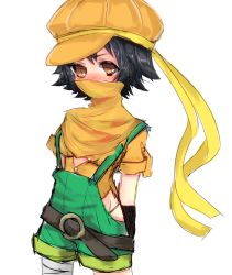 Rule 34 | 1girl, alternate costume, arms behind back, blush, cabbie hat, full-face blush, half mask, hat, headband, makoto (street fighter), mask, mouth mask, overalls, ri yuka-shi, scarf, shorts, solo, street fighter, street fighter iv (series)