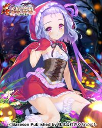 Rule 34 | 1girl, arm up, black footwear, blue hair, breasts, bucchake (asami), cape, cape grab, cleavage, corset, cosplay, forest, hood, jack-o&#039;-lantern, kneehighs, koihime musou, little red riding hood, little red riding hood (grimm), little red riding hood (grimm) (cosplay), mary janes, miniskirt, nature, outdoors, pink eyes, red cape, red hood, red skirt, ribbon, shoes, short hair, sitting, skirt, small breasts, socks, solo, toutaku, tree, white socks