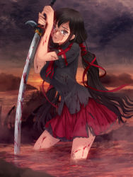 Rule 34 | 10s, 1girl, black hair, blood, blood-c, blood (series), blood on face, blood stain, blood on clothes, glasses, grey eyes, hair ribbon, highres, katana, kisaragi saya, kneeling, long hair, mutsuki (moonknives), open mouth, production i.g, ribbon, school uniform, skirt, solo, sword, torn clothes, twintails, very long hair, wading, water, weapon